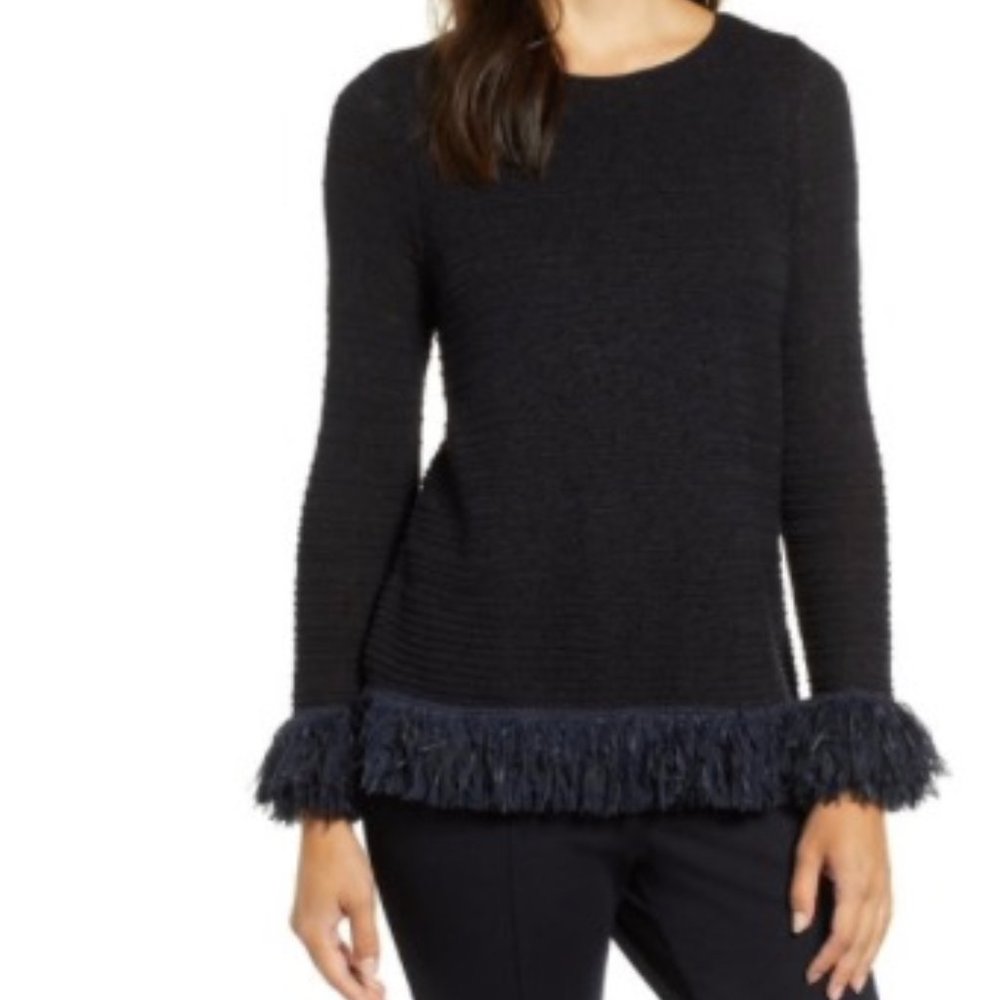 NIC + ZOE Run Around Navy Fringe-Trim Sweater